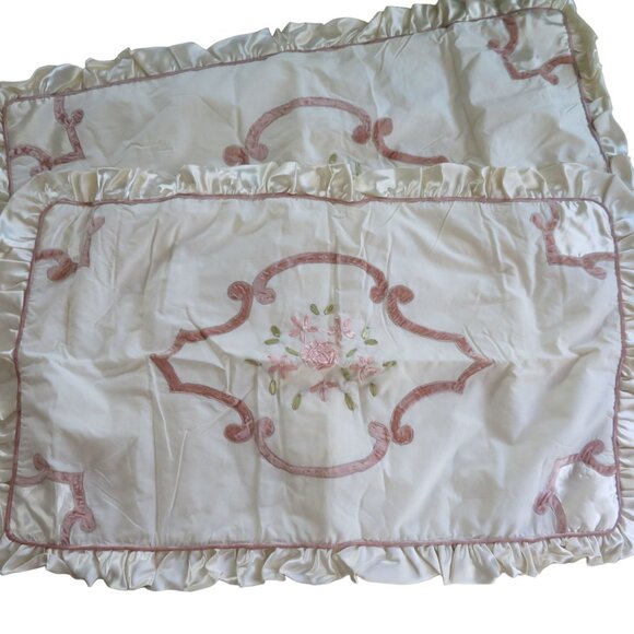 New Vintage King Shams Bedskirt Set Silk Ribbon Rose Velvet Design Cream Satin - Picture 8 of 16